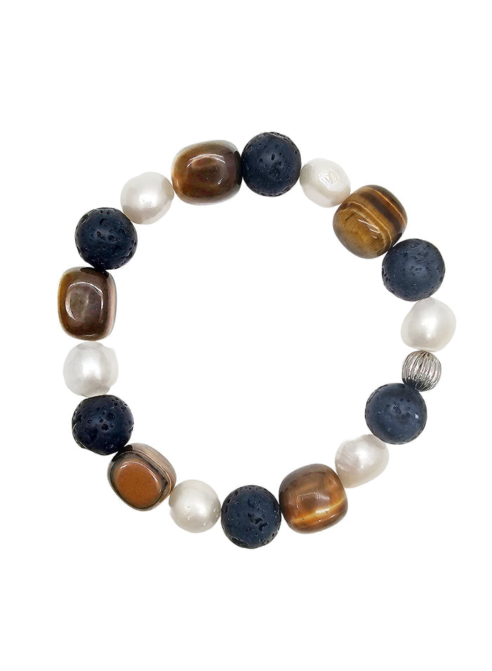Tiger-eye With Black Lava Stone And Pearls Bracelet MEB14