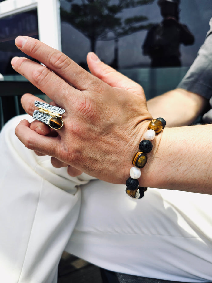 Tiger-eye With Black Lava Stone And Pearls Bracelet MEB14