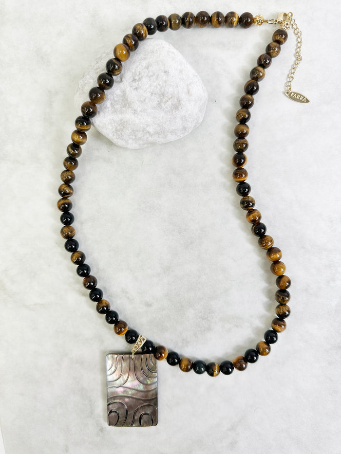 Tiger Eye With Shell Pendant Men's Necklace MEN21