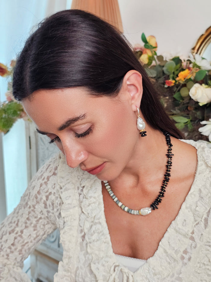Timeless Baroque Pearls With Black Tourmaline Earrings QE024