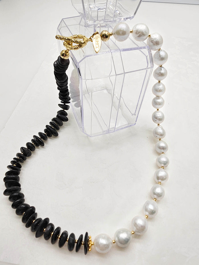 Timeless Black Tourmaline &White Freshwater Pearls Necklace