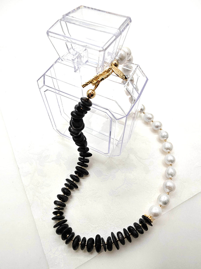 Timeless Black Tourmaline &White Freshwater Pearls Necklace