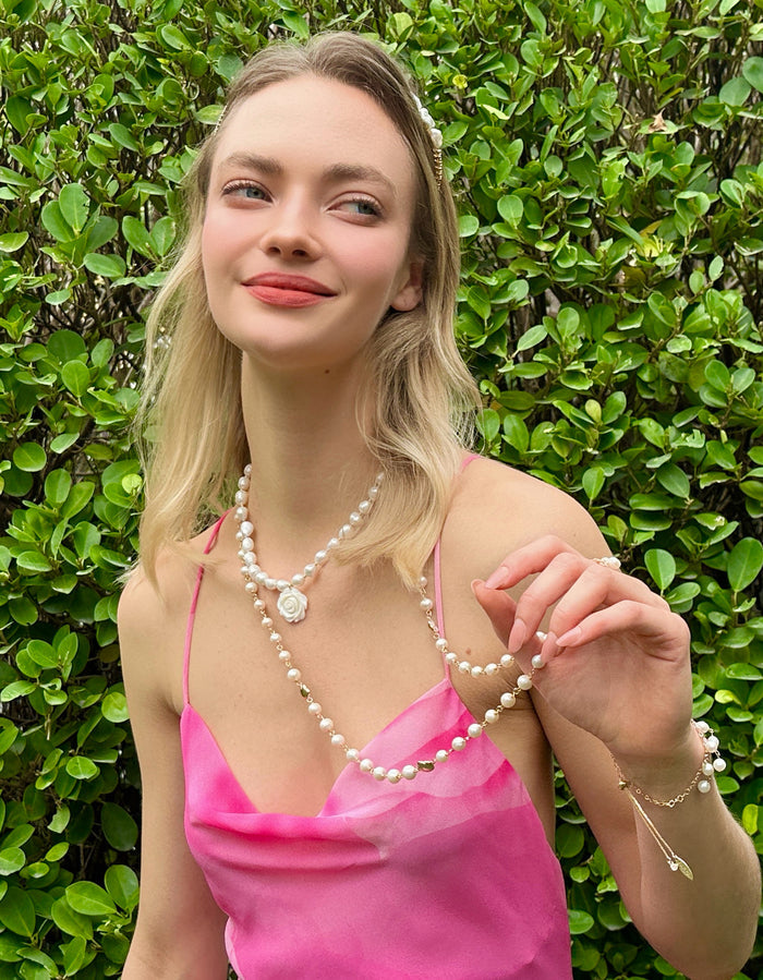 Timeless Freshwater Pearls with White Rose Flowers Long Necklace LN061 - FARRA