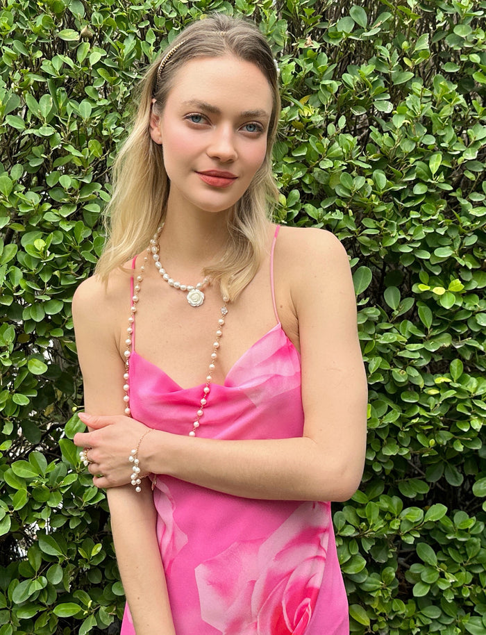 Timeless Freshwater Pearls with White Rose Flowers Long Necklace LN061 - FARRA