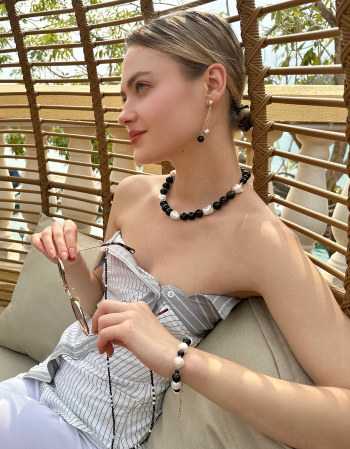Timeless Nugget Black Obsidian with Baroque Pearls Chunky Necklace LN067 - FARRA