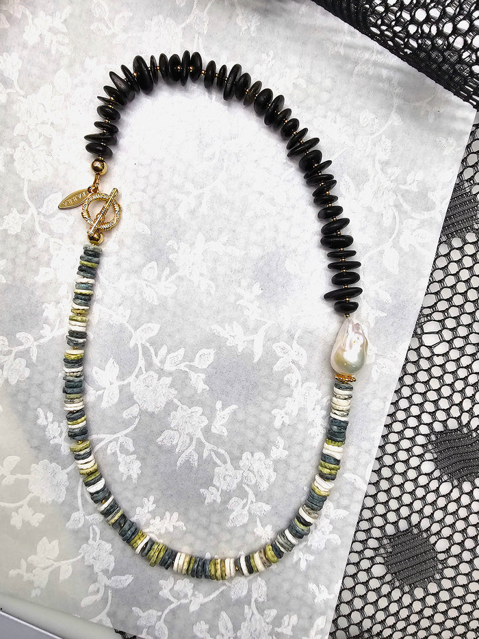 Tourmaline And Shells With Baroque Pearl Necklace
