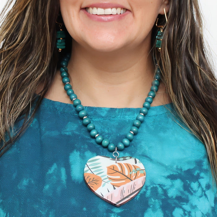Tropical Decoupage Heart Necklace - Sylca Designs - Artsy Chunky Jewelry