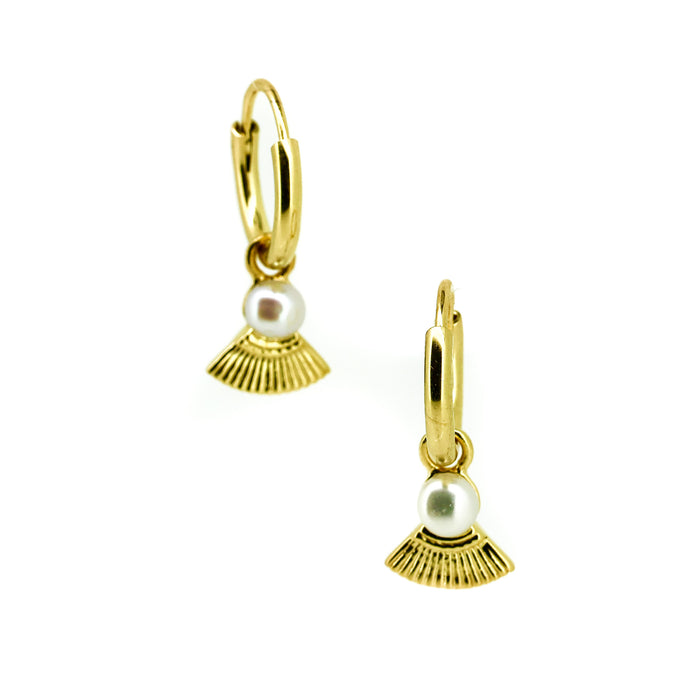Gold pearl sleeper earrings with fan charm and freshwater pearls designed in Broome Western Australia