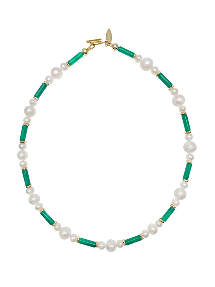 Tube Shaped Green Jade With Freshwater Pearls Necklace HN009 - FARRA