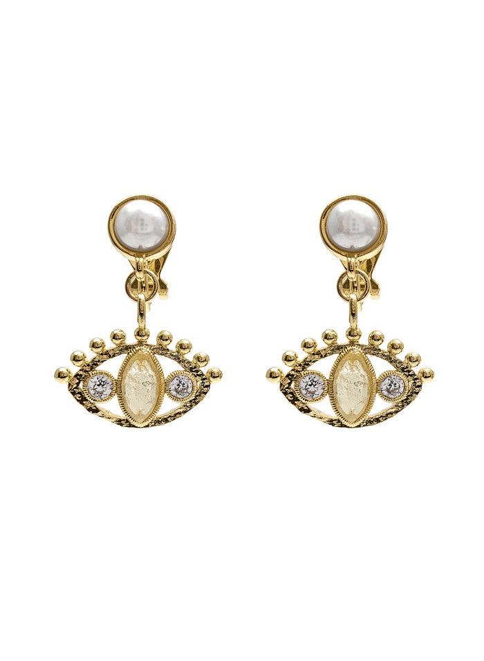 Turkish Evil Eye Adorned Citrine Stone Pearl Clip-on Earrings RE029