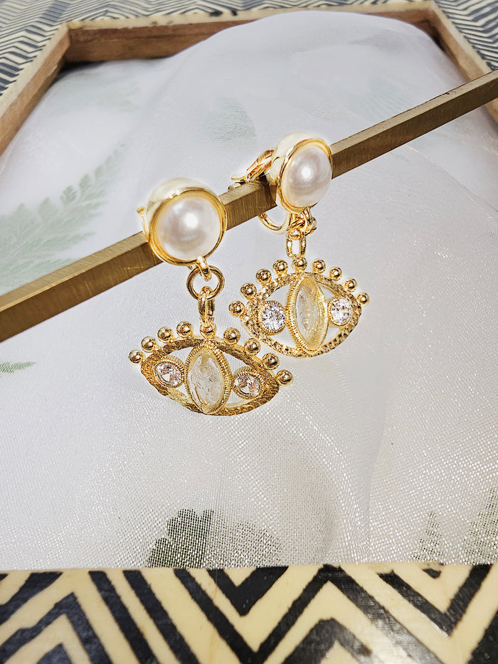Turkish Evil Eye Adorned Citrine Stone Pearl Clip-on Earrings RE029