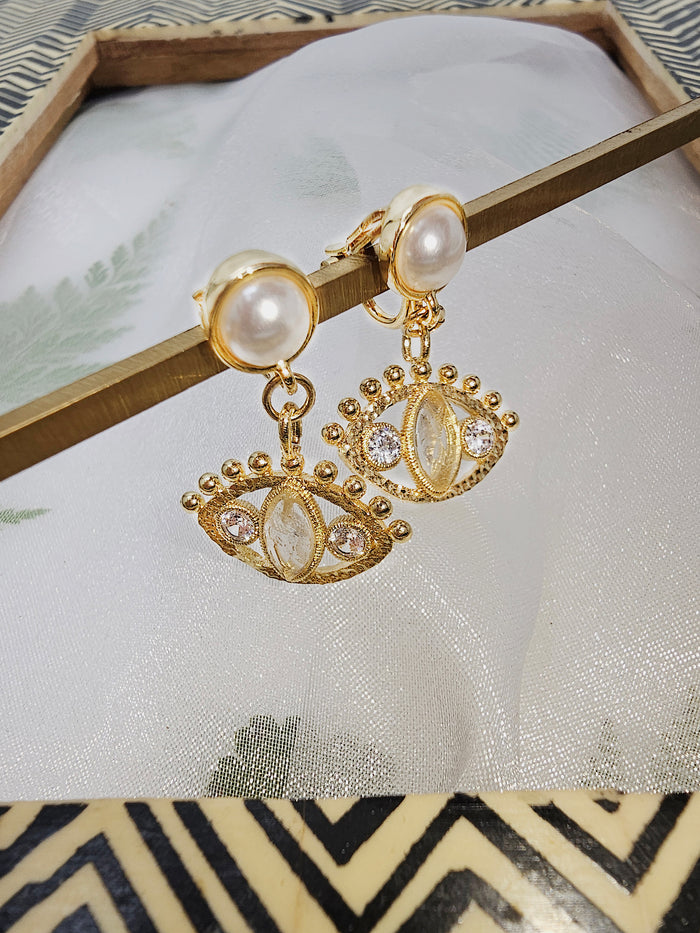 Turkish Evil Eye Adorned Citrine Stone Pearl Clip-on Earrings RE029