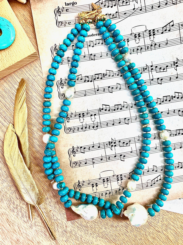 Turquoise With Baroque Pearls Double Layers Short Necklace EN013 - FARRA