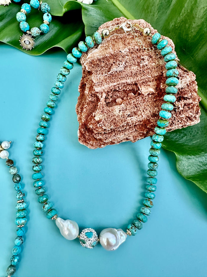 Turquoise With Baroque Pearls Statement Necklace JN057 - FARRA