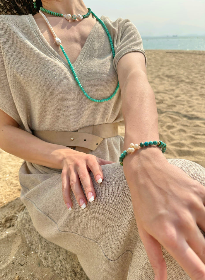 Turquoise with Flower Pearls Adjustable Bracelet JB020 - FARRA