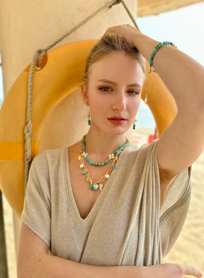 Turquoise with Flower pearls Necklace JN056 - FARRA