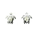 Pair of turtle-shaped earrings with pearl centers on a white background