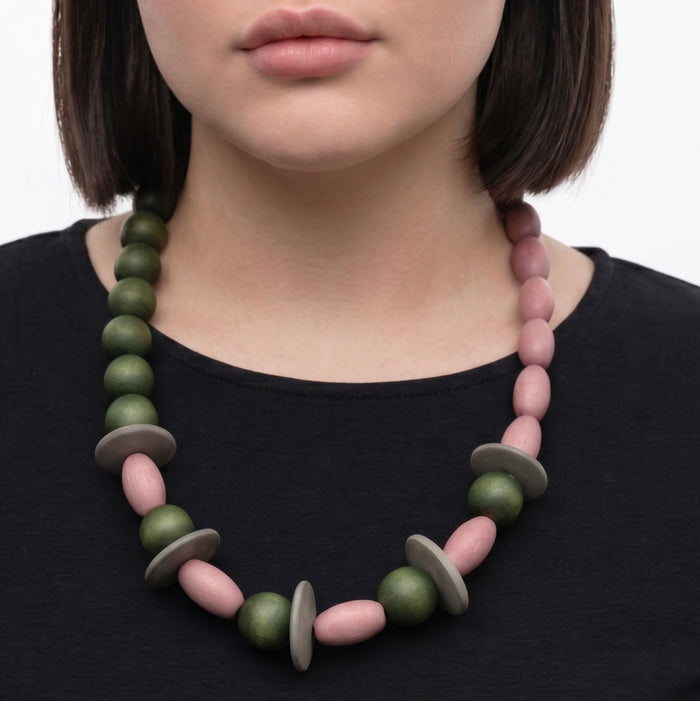 Verdant Blush Wood Statement Necklace