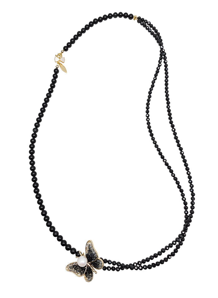 Versatile Black Obsidian Necklace With Removable Butterfly Pearl Brooch RN037