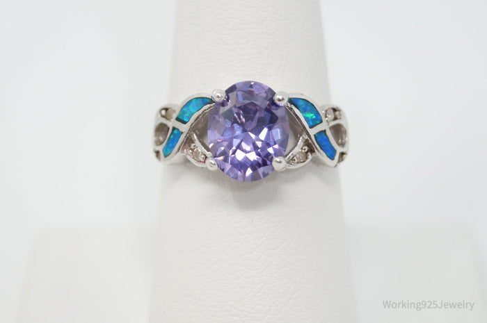 Vintage Designer Amethyst CZ Opal Sterling Silver Ring - Sz 8