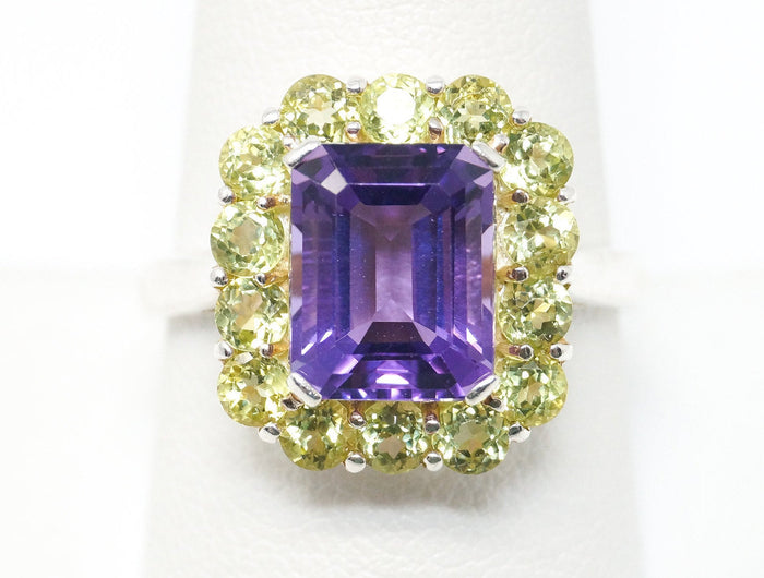 Vintage Designer Amethyst Peridot Sterling Silver Statement Ring - Size 9.75