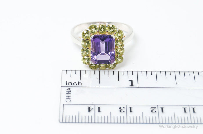 Vintage Designer Amethyst Peridot Sterling Silver Statement Ring - Size 9.75