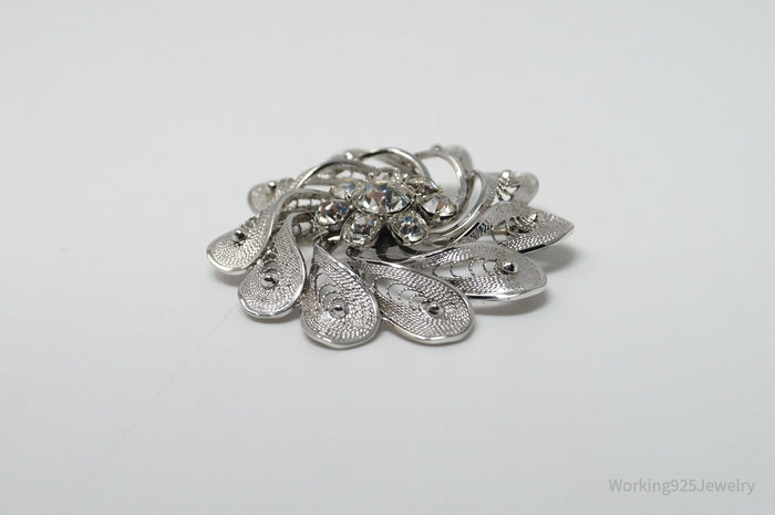 Vintage Designer Ann Lee Rhinestone Floral Filigree Sterling Silver Brooch