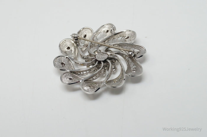 Vintage Designer Ann Lee Rhinestone Floral Filigree Sterling Silver Brooch