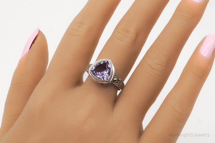 Vintage Designer BA Suarti 18K Gold Amethyst Sterling Silver Ring - Size 9