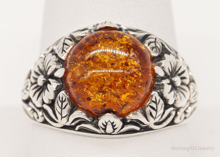 Vintage Designer BBJ Large Amber Floral Sterling Silver Ring - Size 10.75