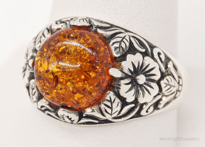 Vintage Designer BBJ Large Amber Floral Sterling Silver Ring - Size 10.75