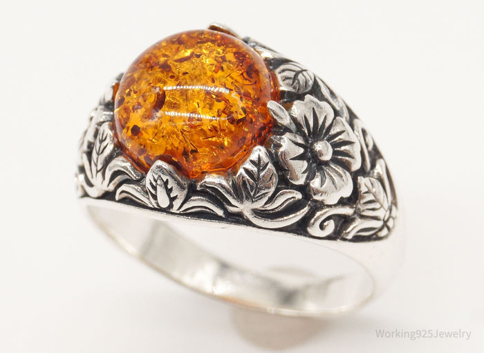 Vintage Designer BBJ Large Amber Floral Sterling Silver Ring - Size 10.75