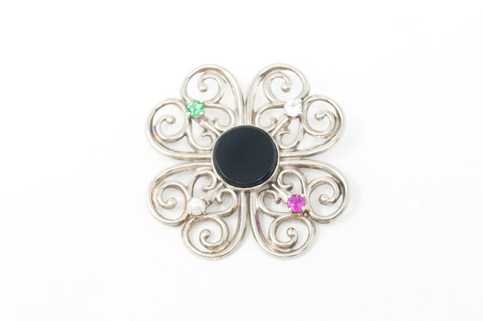 Vintage Designer Beau Black Onyx Atomic Modernist Sterling Silver Brooch Pin