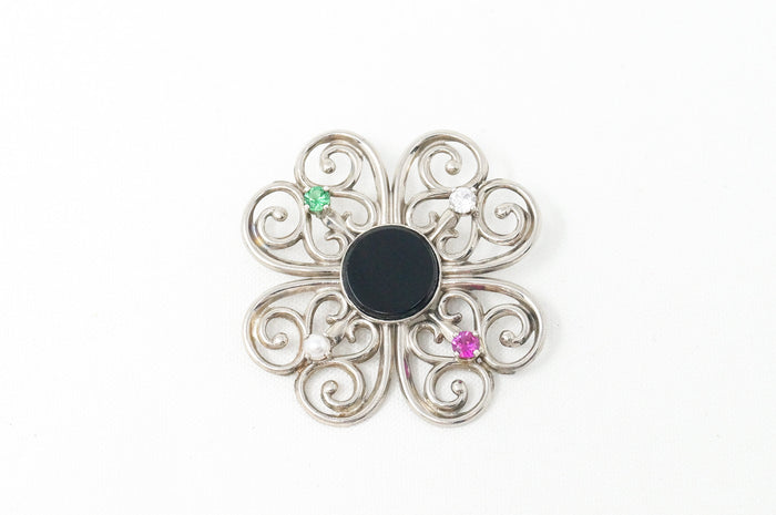 Vintage Designer Beau Black Onyx Atomic Modernist Sterling Silver Brooch Pin