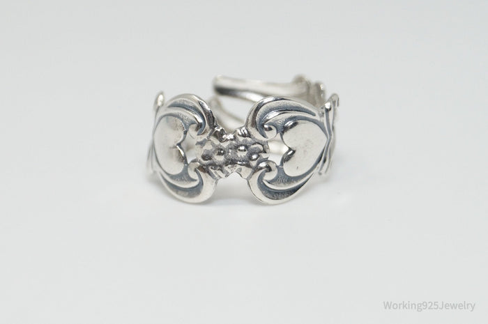 Vintage Designer Beau Floral Heart Adjustable Sterling Silver Ring - Size 8.25