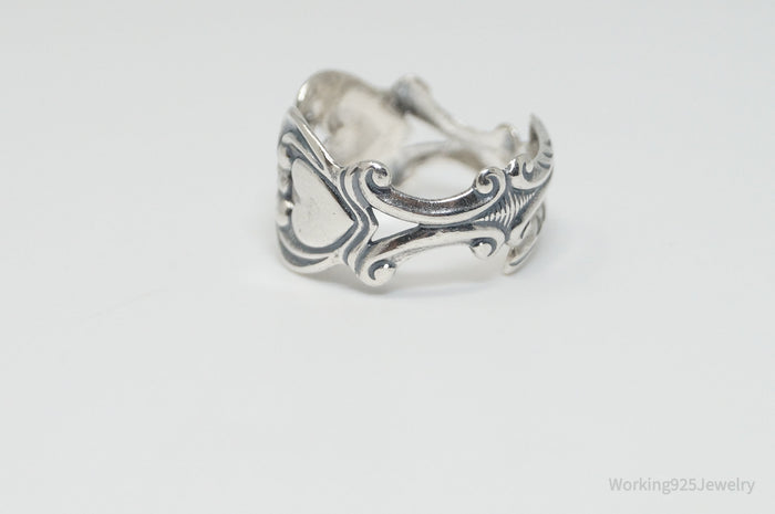 Vintage Designer Beau Floral Heart Adjustable Sterling Silver Ring - Size 8.25