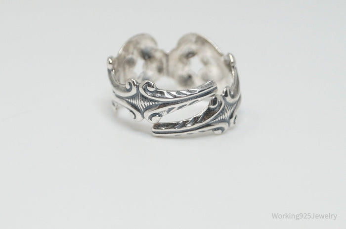 Vintage Designer Beau Floral Heart Adjustable Sterling Silver Ring - Size 8.25