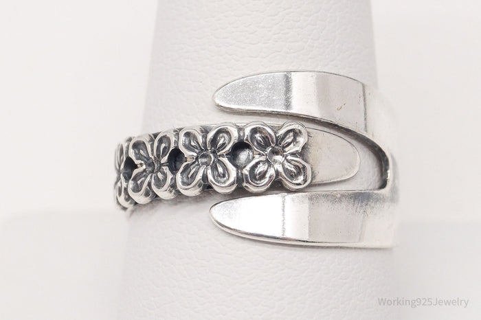 Vintage Designer Beau Floral Sterling Silver Ring - Adjustable Size 10.75