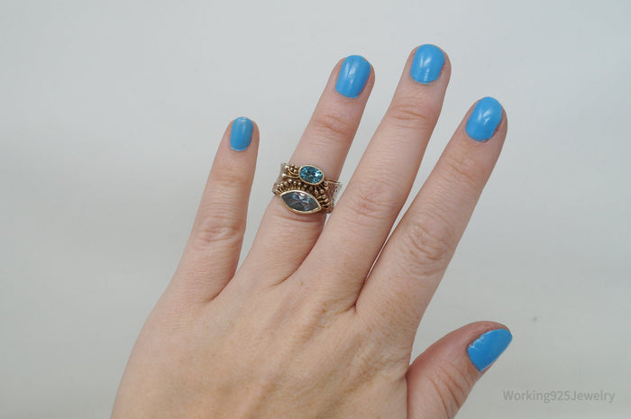 Vintage Designer Blue Topaz Sterling Silver Gold Wash Two Tone Ring - Size 6.5