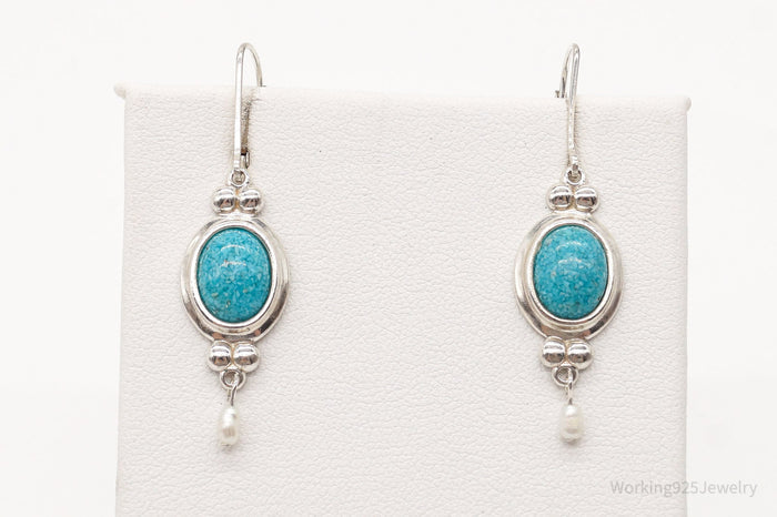 Vintage Designer CCO Turquoise Pearl Southwestern Sterling Silver Earrings