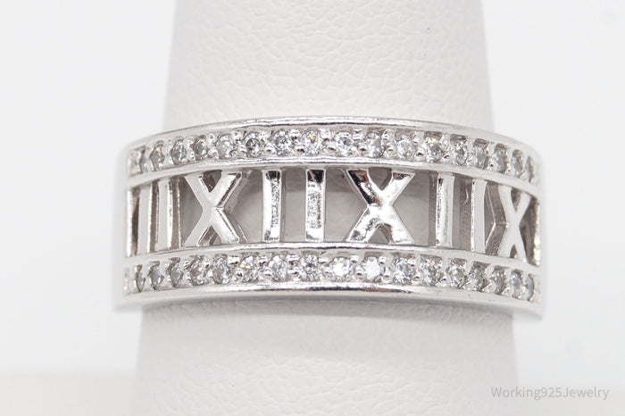 Vintage Designer Cubic Zirconia Roman Numerals Sterling Silver Ring Size 9