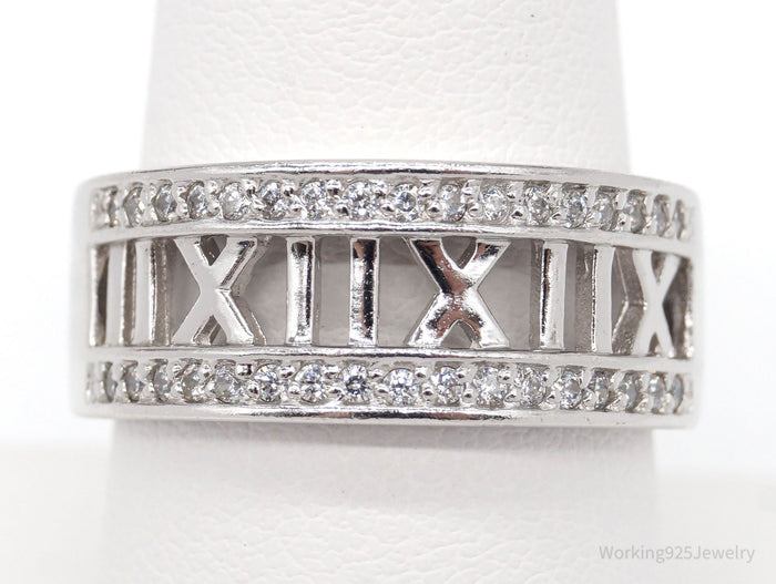 Vintage Designer Cubic Zirconia Roman Numerals Sterling Silver Ring Size 9
