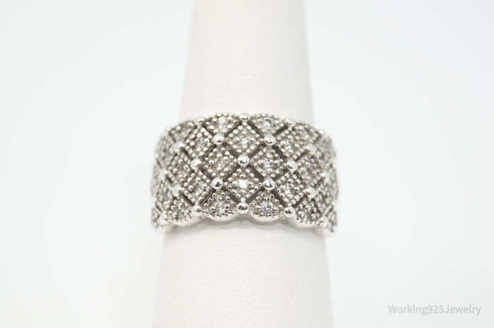 Vintage Designer Cubic Zirconia Sterling Silver Statement Wide Band Ring - Sz 7