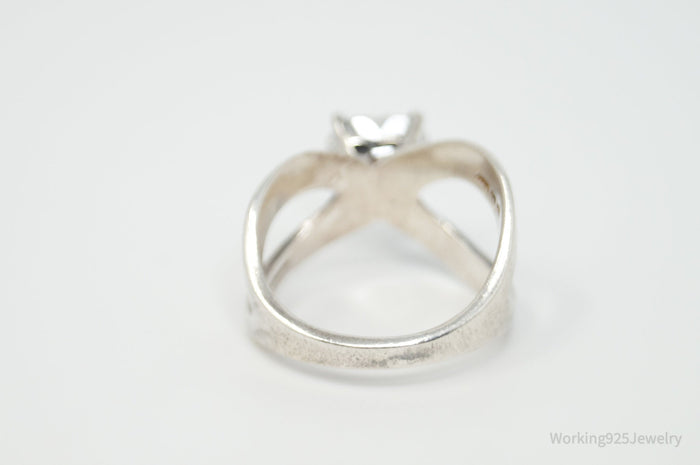 Vintage Designer DQ Cubic Zirconia Large Heart Sterling Silver Ring Sz 7