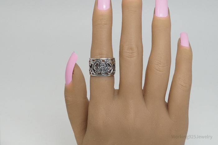 Vintage Designer Floral Motif Cut Out Design Sterling Silver Band Ring - Sz 6.25