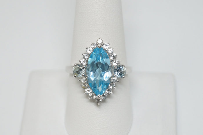 Vintage Designer FP Art Deco Style Blue Topaz CZ Sterling Silver Ring - Sz 9