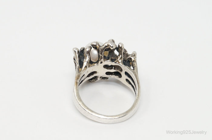 Vintage Designer G & L Pearl Brutalist Sterling Silver Ring - Sz 6.25