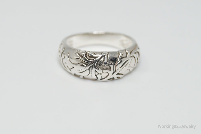Vintage Designer JEZ Leaf Floral Design Sterling Silver Band Ring - Size 5.5