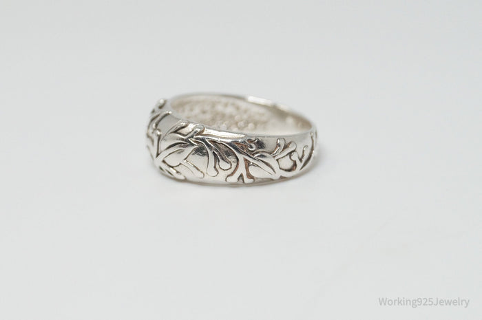 Vintage Designer JEZ Leaf Floral Design Sterling Silver Band Ring - Size 5.5