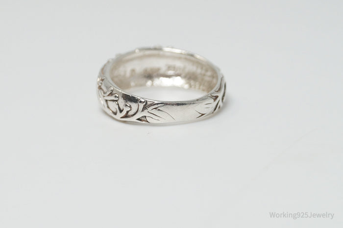 Vintage Designer JEZ Leaf Floral Design Sterling Silver Band Ring - Size 5.5